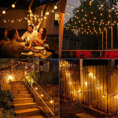 Collage of outdoor string lights in various settings including a dinner table, railing, and fence.