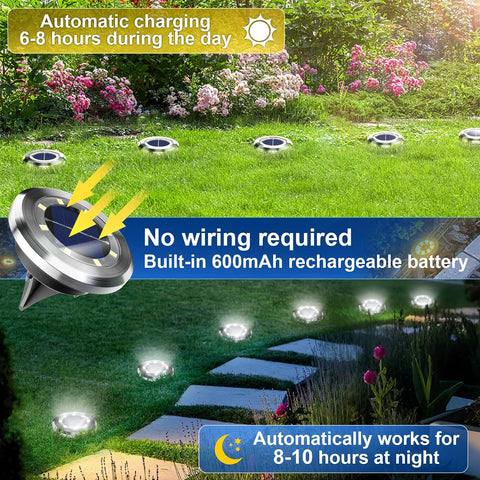 Anordsem Solar Lights Outdoor Garden: 4 Pack Stainless Steels 8 LED Ground Light - Waterproof White Lighting for Pathway Deck - Gardening Gifts for Christmas Decorations