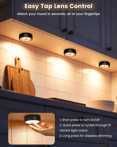 Puck Lights, Battery Operated Under Cabinet Lights, 6 Pack, Black – Brighten Dark Corners Without Wires