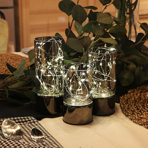 Set of 3 Glass Cylinder LED Lanterns with Fairy Lights, Battery Operated Table Lamps with 6-Hour Timer, Grey Decorative Candles