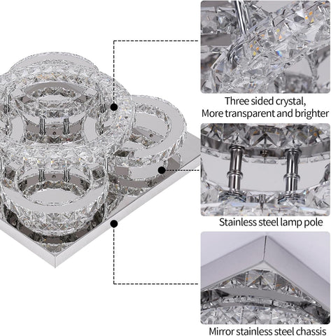 Modern Crystal LED Chandelier, 5-Ring Square Flush Mount Ceiling Light