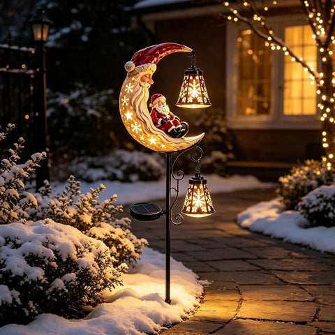 Santa Solar Lights for Outside with Lantern Resin Christmas LED Moon Lights