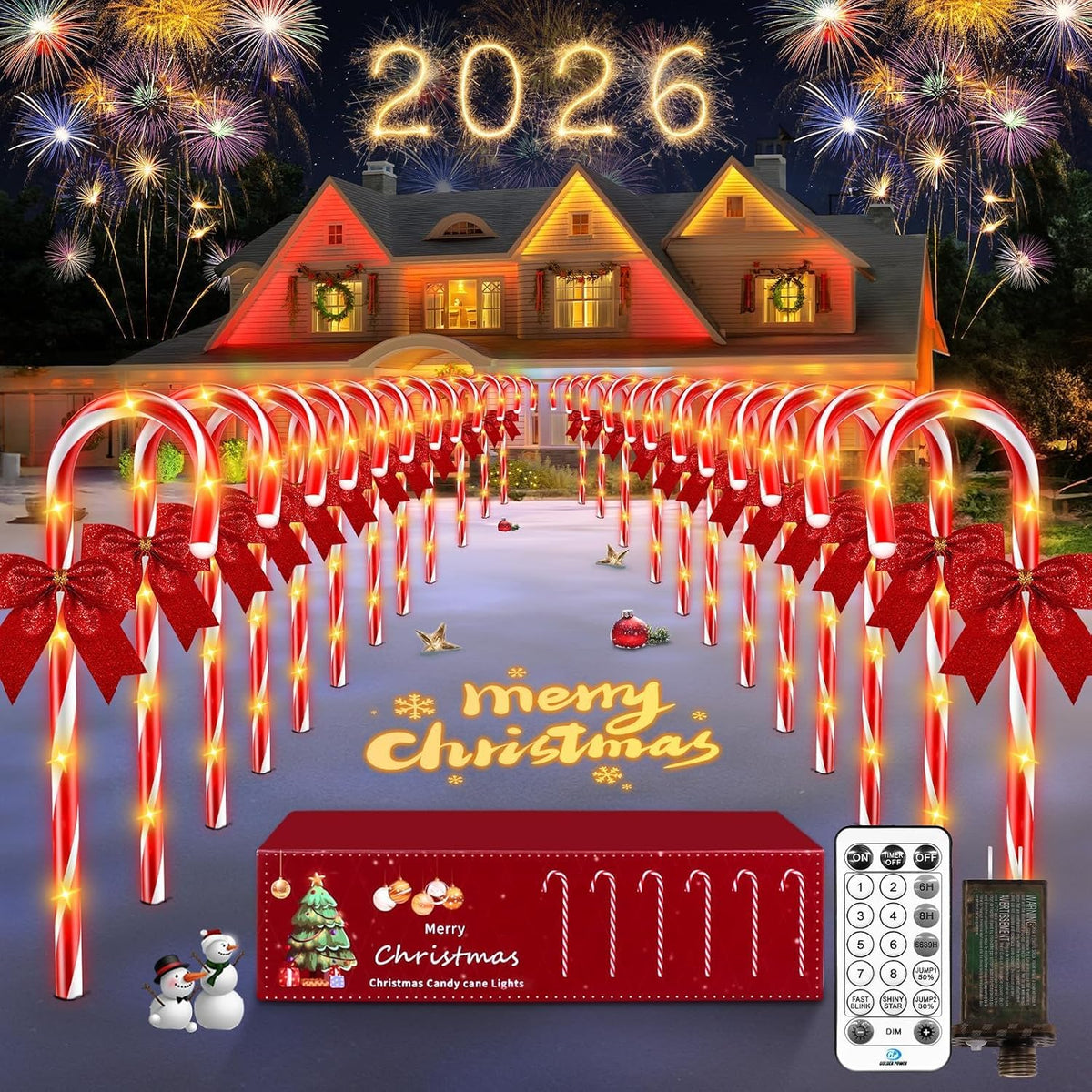 HELESIN 24 Pack 144 LED Christmas Candy Cane Pathway Lights Outdoor Christmas Candy Cane Lights Xmas Decorations Outdoor 12 Modes Timer Remote Waterproof for Patio Garden Pathway