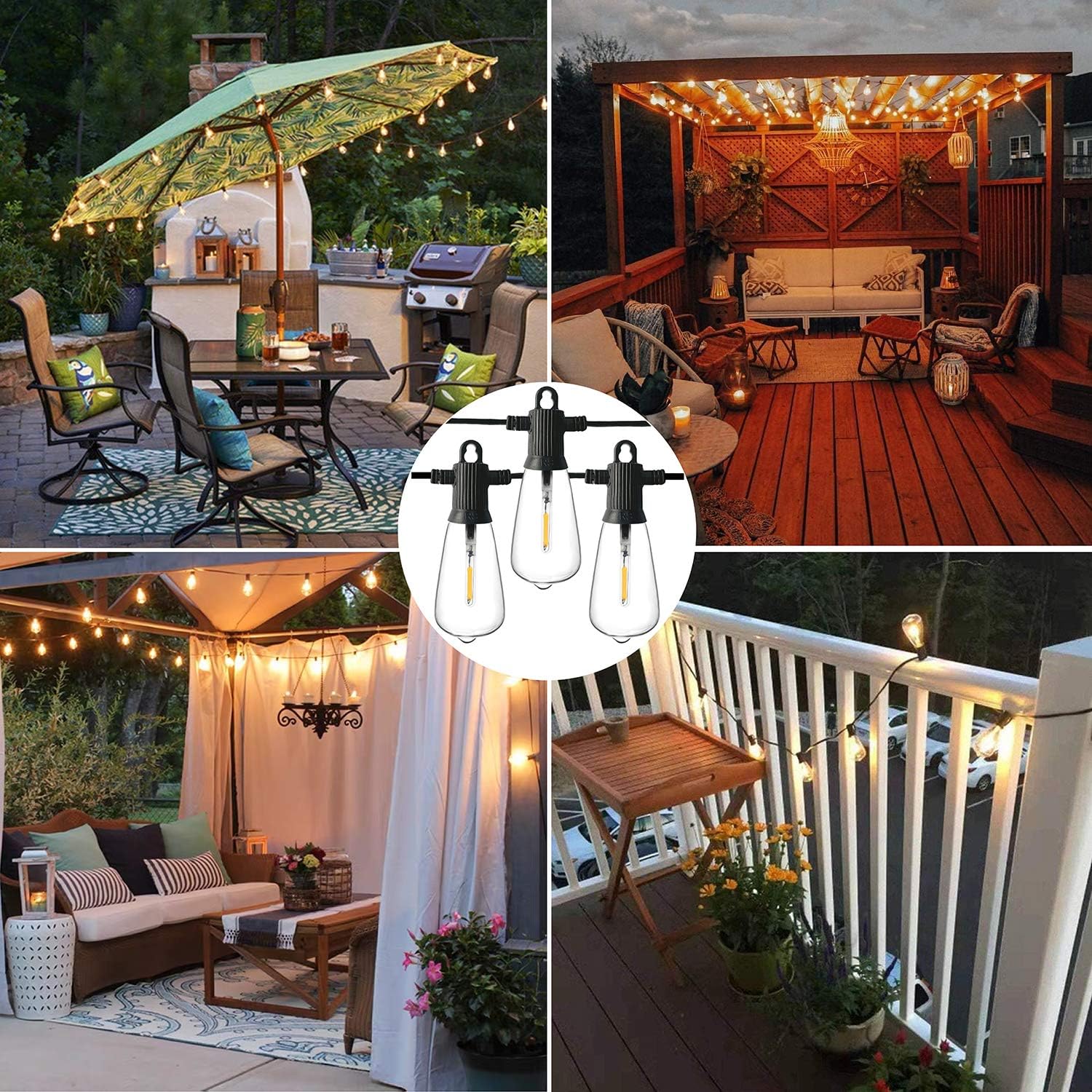 100FT Outdoor String Lights Mains Powered, Garden String Lights with 50+2Pcs LED Filaments Vintage Bulbs, Waterproof IP65 2700K Warm White for Patio Outside Party Wedding Backyard Terrace
