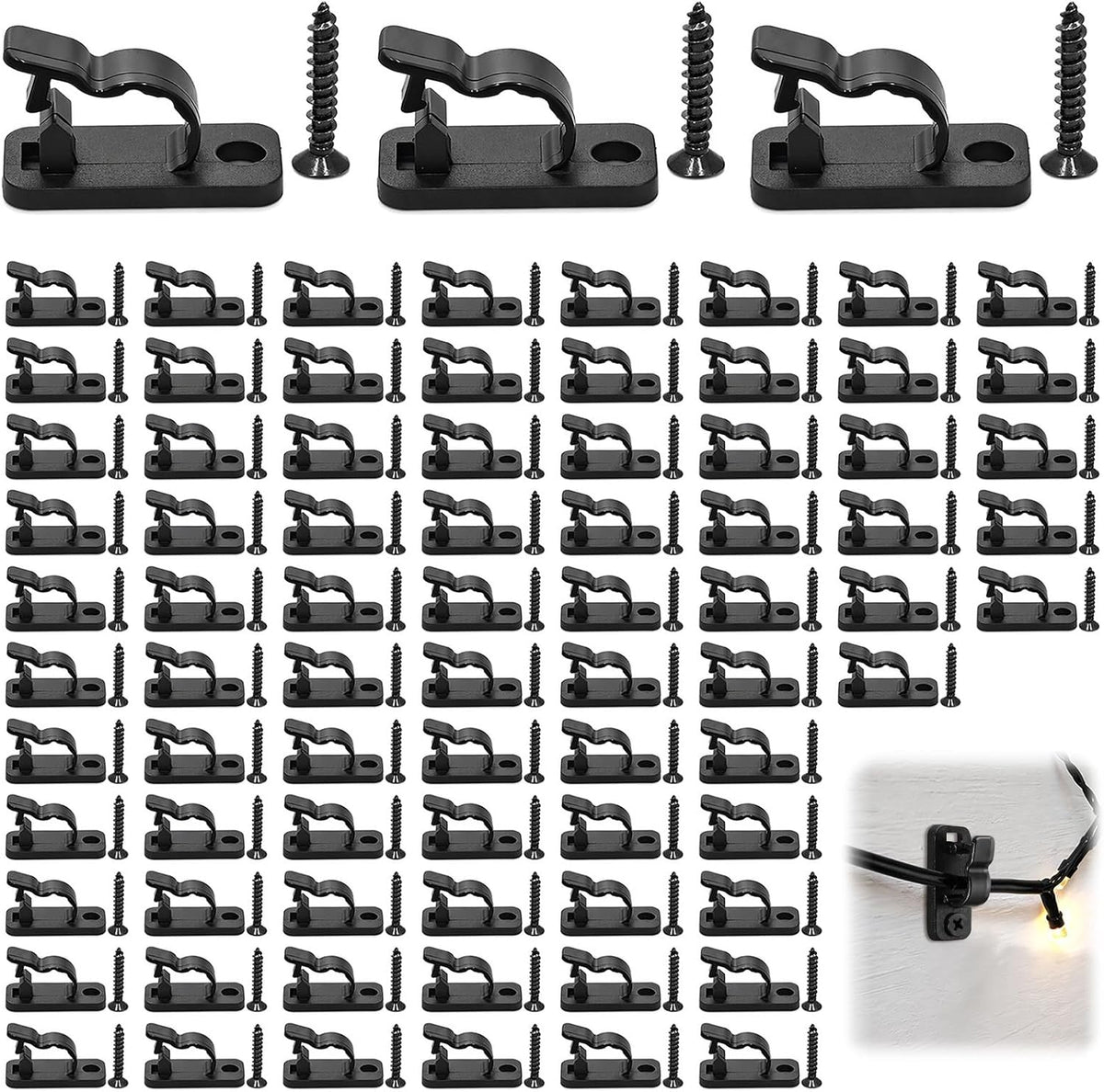 ACnuov 80 Pack Outdoor String Light Clips with Screws – Black Nylon Cable Hooks with Stainless Steel Screws for Garden, Patio, Fence, Balcony & Christmas Decorations