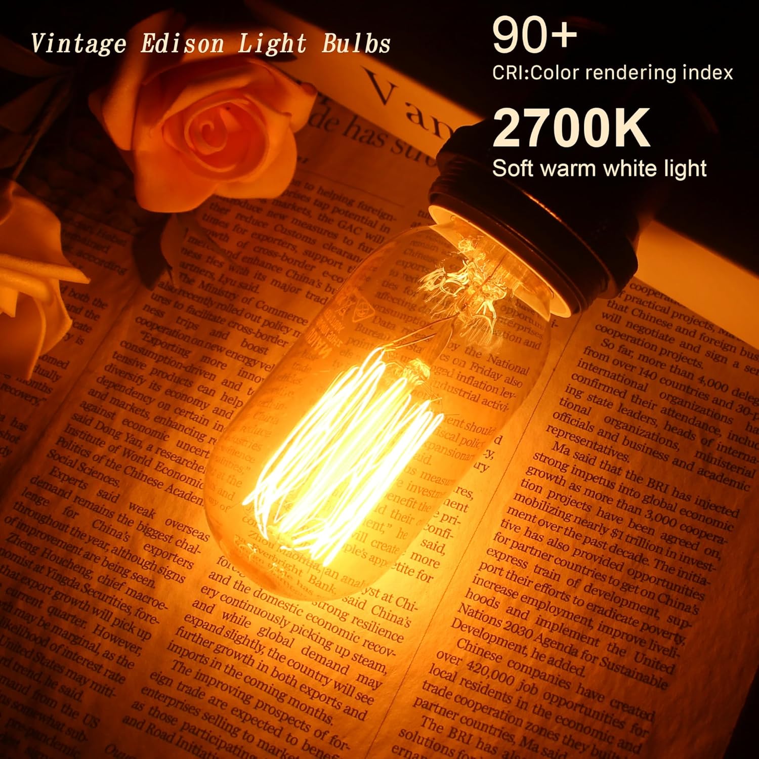 Vintage Edison light bulb on an open book with decorative roses, highlighting soft warm white light.