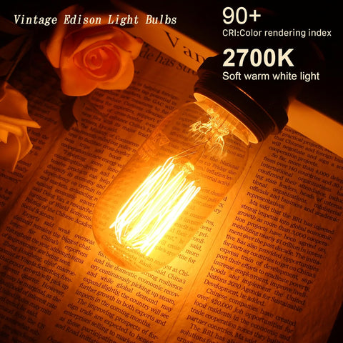 Vintage Edison light bulb on an open book with decorative roses, highlighting soft warm white light.