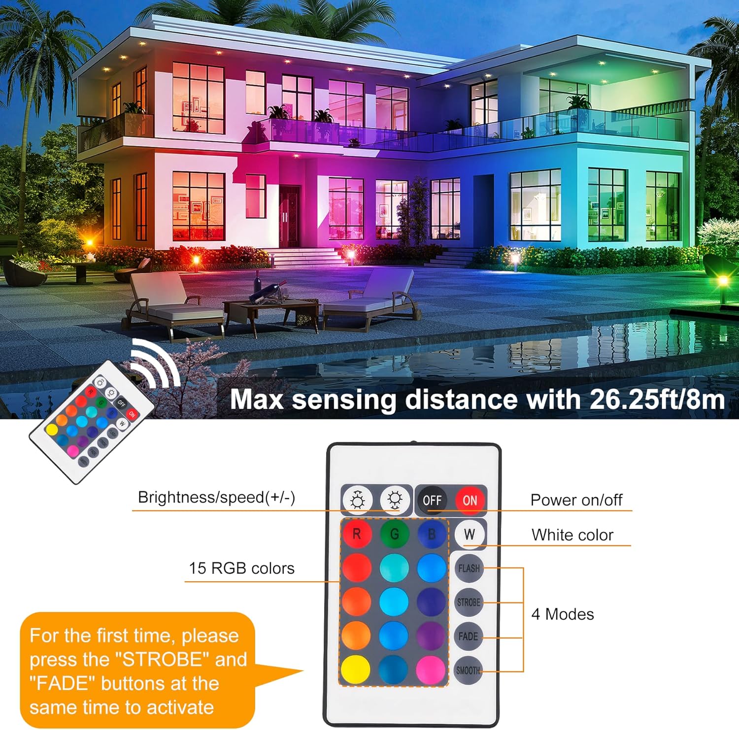 RGB color-changing house exterior with pool and remote control, featuring text on sensing distance and remote features.