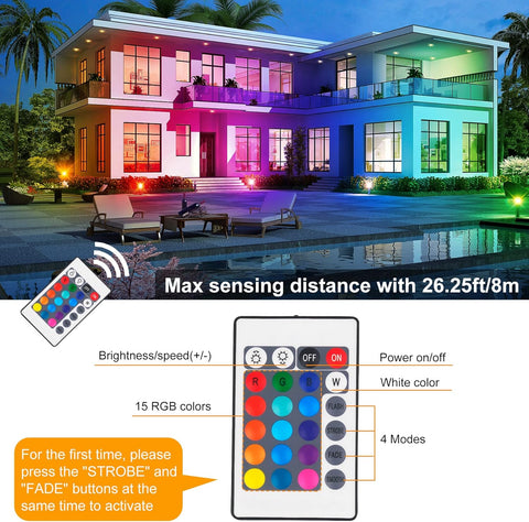 RGB color-changing house exterior with pool and remote control, featuring text on sensing distance and remote features.