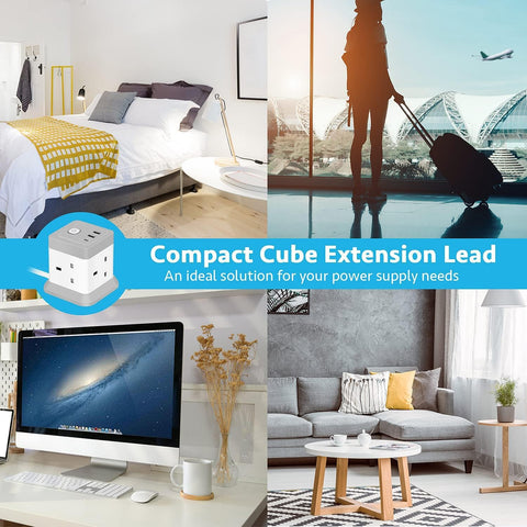 BEVA 4 Way Cube Extension Lead with 3 USB Ports, 1.5m Cable & On/Off Switch – Keep Your Everyday Essentials Powered Without the Desk Clutter