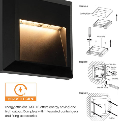 National Lighting Severus Black Finish Indirect Warm White LED Outdoor Square Guide Pathway Driveway Wall Light IP65 Rated