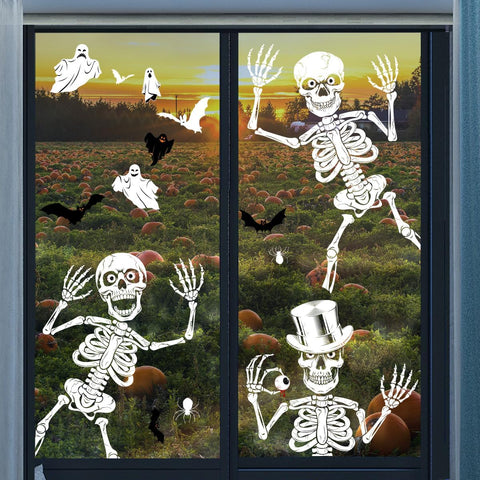 AMLOOPH Halloween Window Stickers – 104-Piece Reusable Skeleton & Ghost Window Clings with Bats and Spiders, Large Double-Sided Halloween Decorations for Windows, Glass, Mirrors & Parties