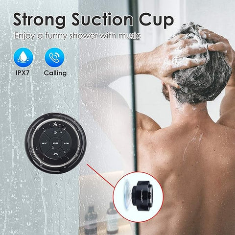 Upgraded Shower Speaker – IPX7 Waterproof Bluetooth Speaker with Suction Cup, Hook Clip, Mic & 12H Playtime – Black Silver