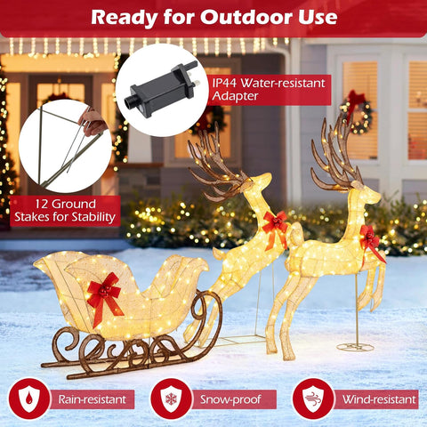 COSTWAY Light Up Reindeer Sleigh with 280 Warm White LED Lights – Outdoor Christmas Decoration