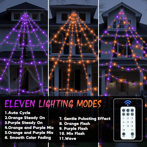 Halloween Spider Web Lights Outdoor 16.4 x 14.44ft Giant Cobweb with 550 Purple & Orange LEDs, 11 Lighting Modes, Remote Control & Timer for Gardens, Yards & Halloween Displays