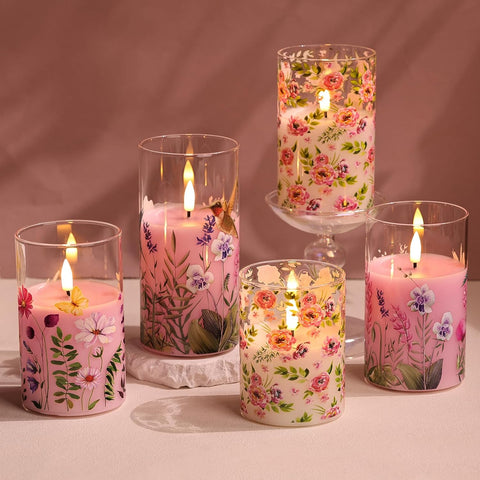 Pink Floral Glass Flameless Candles with Remote & Timer, Flickering Battery Operated LED Pillar Candles Set of 3