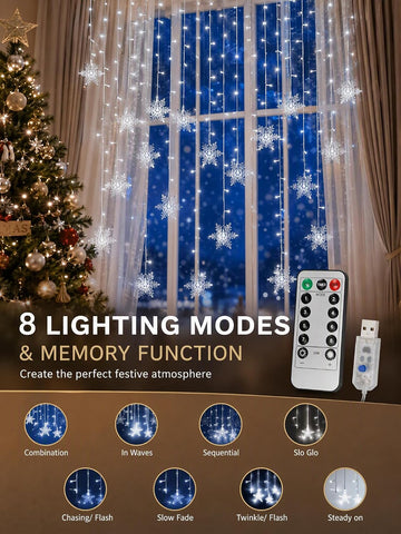 Christmas Snowflake Curtain Lights – 96 Warm White LEDs, 8 Lighting Modes & Remote Control for Windows – Bring a Little Winter Magic to Every Evening