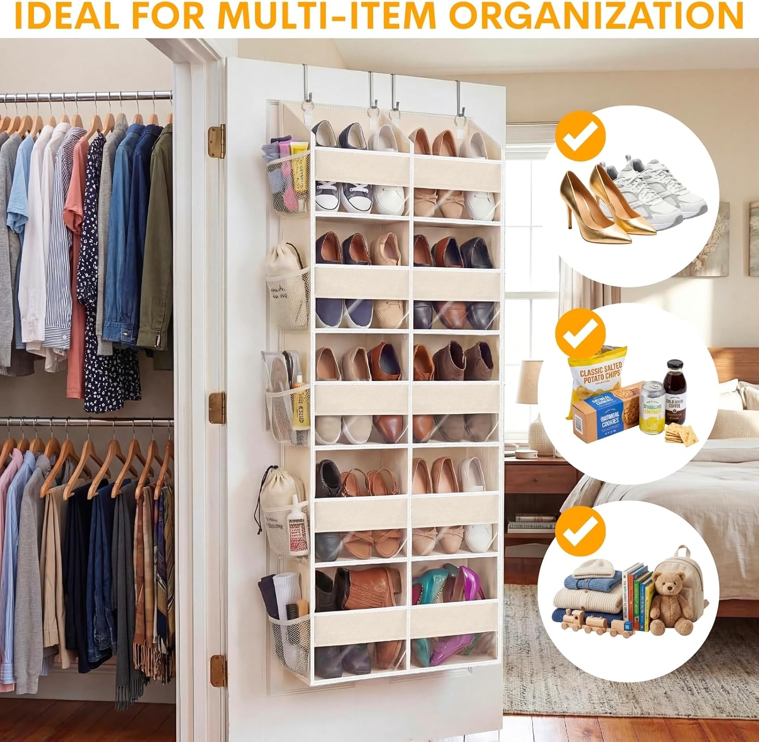over the Door Organiser with 5 Tiers and 10 Compartments, Extra Large Hanging Door Storage with 4 Hooks, 36Kg Weight Capacity, Bedroom Wardrobe or Nursery Nappy & Toy Storage – Beige