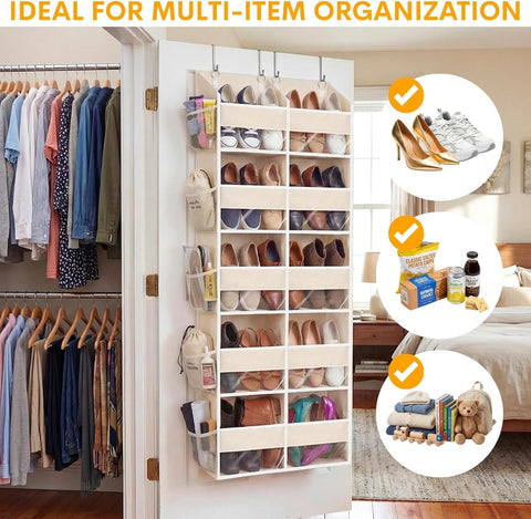 over the Door Organiser with 5 Tiers and 10 Compartments, Extra Large Hanging Door Storage with 4 Hooks, 36Kg Weight Capacity, Bedroom Wardrobe or Nursery Nappy & Toy Storage – Beige