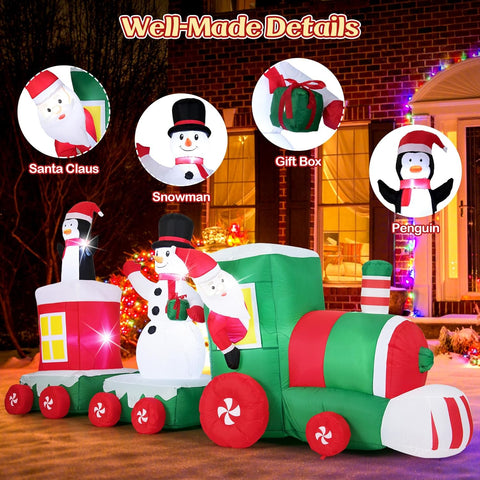 COSTWAY Inflatable Christmas Santa Claus on Red & Green Train – Built-in LED Lights, Self-Inflating Blow Up Xmas Decoration for Indoor Outdoor
