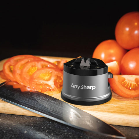 AnySharp Pro Metal Knife Sharpener – Hands-Free PowerGrip Suction | Sharpens All Knives | Hardened Steel & Serrated | Matte Grey