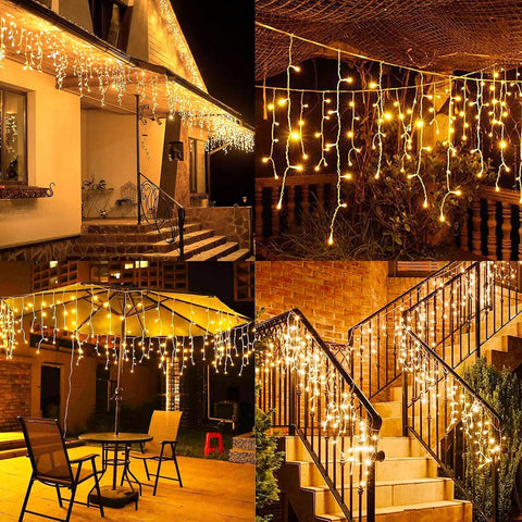 DBFAIRY 6M 300 LED Warm White Christmas Icicle Lights with Remote, Timer & 8 Lighting Modes – Bring a Cosy Winter Glow to Your Windows and Eaves