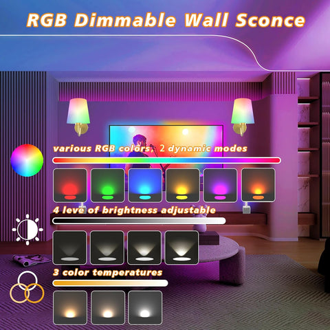 Battery Operated Wall Lights Set of 2, RGB Dimmable Rechargeable Wall Lights Indoor Wireless Wall Sconces Set of 2 for Bedrooms Cordless Sconce Wall Lamp Remote Control