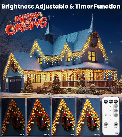 ULIGHTOWN 9M Star Icicle Outdoor Christmas Lights – 180 Warm White LEDs, 8 Modes, Timer & IP44 Water Resistant for Eaves, Windows & Festive Decor - Turn Your Home Into a Little Winter Wonderland