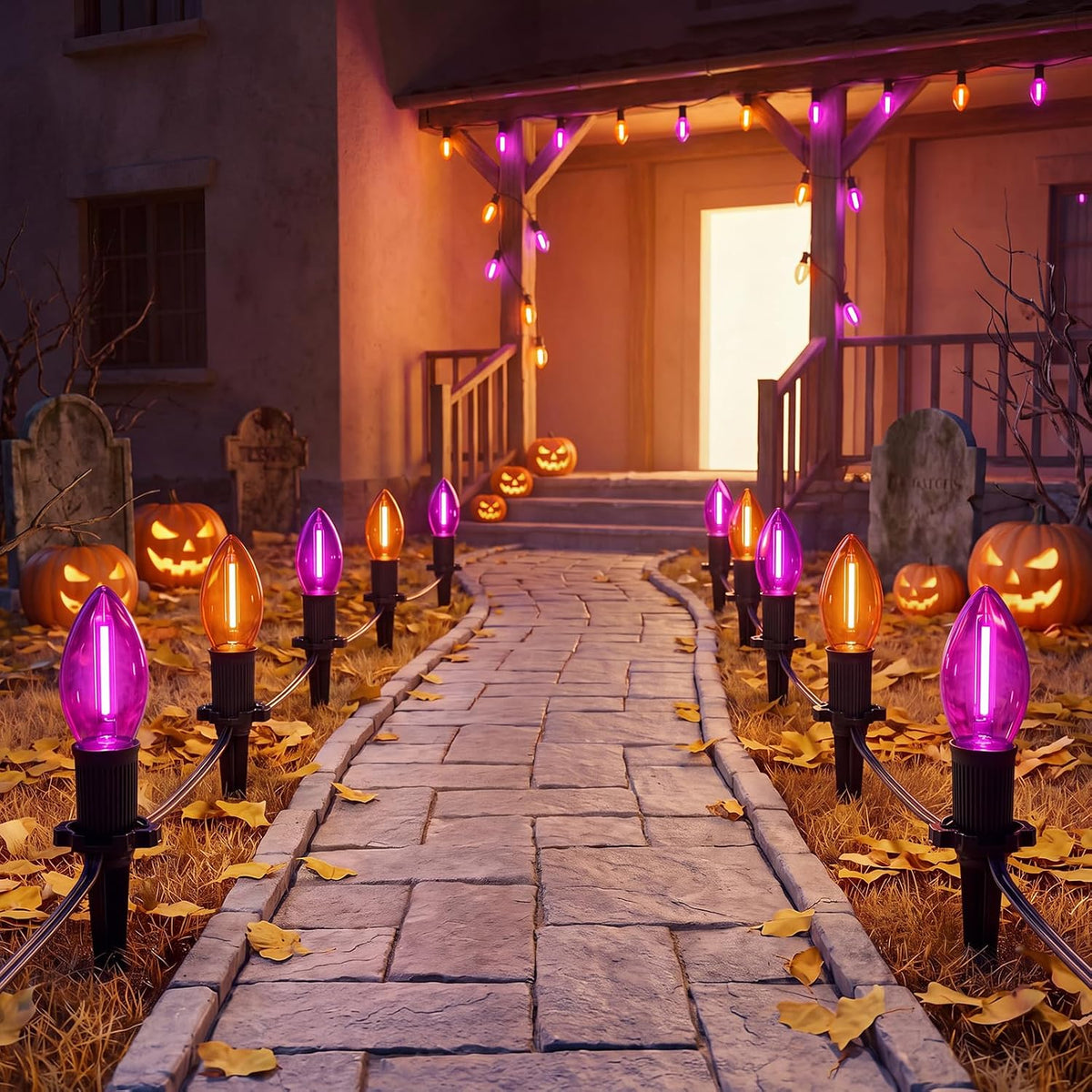 Outdoor Pathway Lights - 19.5 Ft Purple & Orange String Lights with 10 C9 LED Bulbs and Stakes, Connectable, Waterproof, Perfect for Halloween, Yard, Lawn, Garden