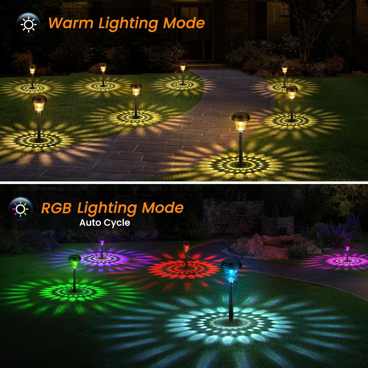 Solar Lights Outdoor Garden Stake,8 Pcs Solar Path Lights Garden Ornaments Outdoor,Garden Lights Solar Powered Waterproof with Warm White & RGB