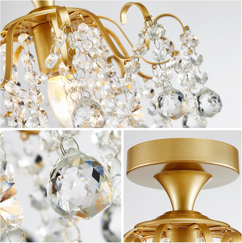 Gold chandelier with crystal accents on a white background