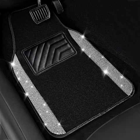 CAR PASS Bling Diamond Car Floor Mats – 4pcs Black Silver Universal Fit