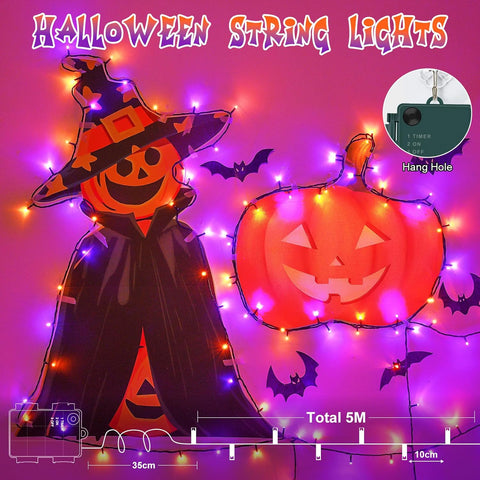 Gcstnn Halloween Fairy Lights 5m 50 LED Orange & Purple Battery Operated String Lights – IP65 Waterproof with 6-Hour Timer for Indoor & Outdoor Halloween Decorations