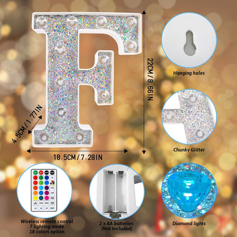 F Style Color Changing LED Letter Light, Glitter Marquee Lamp with 18 Colors, Remote Controlled, Battery Powered Decorative Letter Light for Party, Wedding, Birthday and Home Decor