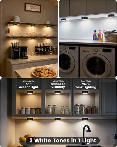 Puck Lights, Battery Operated Under Cabinet Lights, 6 Pack, Black – Brighten Dark Corners Without Wires