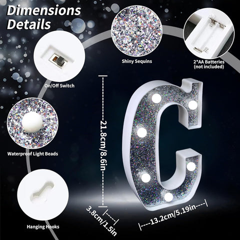C Style LED Marquee Lamp, Silver Glitter Light Up Letter Sign, Battery Powered Tabletop Decorative Letter Light with On/Off Switch for Wedding, Birthday, Party and Home Decor