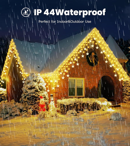 ULIGHTOWN 9M Star Icicle Outdoor Christmas Lights – 180 Warm White LEDs, 8 Modes, Timer & IP44 Water Resistant for Eaves, Windows & Festive Decor - Turn Your Home Into a Little Winter Wonderland