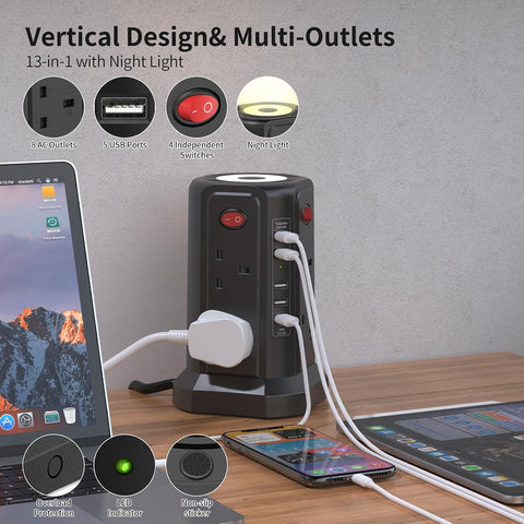 Tower Extension Lead with USB Ports, 8 Socket Outlets, Surge Protection & 3-Level Night Light – Keep Your Everyday Devices Powered Without the Plug-In Chaos