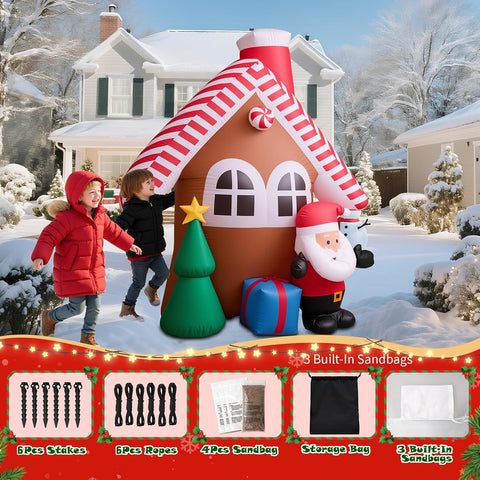 7FT Inflatable Christmas House with Santa Claus & Tree, Built-in LED Lights, Durable Outdoor Inflatable Xmas Decoration for Garden, Lawn, Patio & Holiday Parties