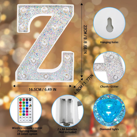 Z Style Color Changing LED Letter Light, Glitter Marquee Lamp with 18 Colors, Remote Controlled, Battery Powered Decorative Letter Light for Party, Wedding, Birthday and Home Decor