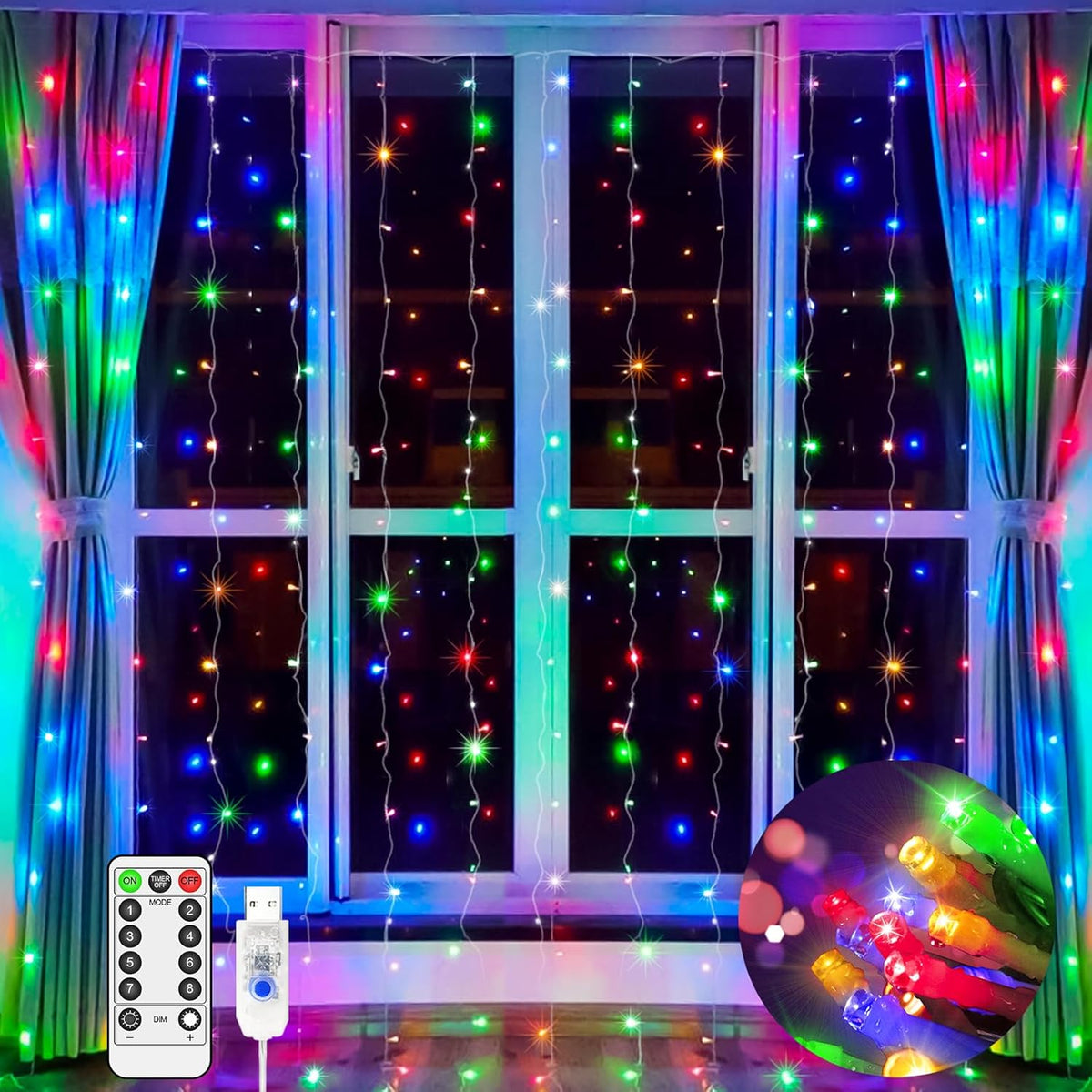 Multicoloured 200LED Curtain Fairy Lights 2Mx2M USB Remote Timer