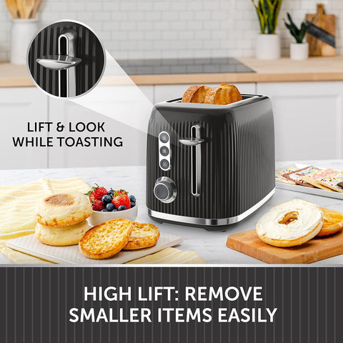 Bold 2 Slice Toaster - Black & Silver Chrome | Wide Slots, High-Lift, Variable Browning, Defrost & Reheat Functions [VTR001]