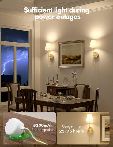 5200mAh Battery Operated Wireless Wall Lights Set of 2, 60CM Rechargeable Wall Lights with Dimmable Detachable Bulbs and Remote, 12-Color Wall Sconce Lighs for Bedroom Living Room Gold