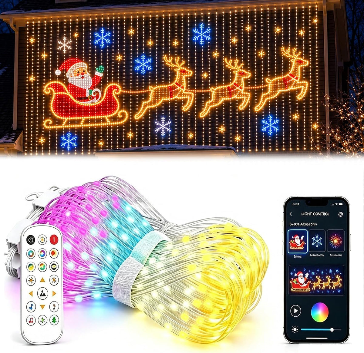 Smart Animated Christmas Tree Lights 1x1m – RGB LED Curtain Lights with App, Remote, Timer & Music Sync, IP65 Waterproof for Christmas Trees, Windows & Outdoor Displays - Turn Your Christmas Lights Into the Life of the Party