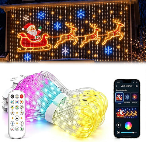 Smart Animated Christmas Tree Lights 1x1m – RGB LED Curtain Lights with App, Remote, Timer & Music Sync, IP65 Waterproof for Christmas Trees, Windows & Outdoor Displays - Turn Your Christmas Lights Into the Life of the Party