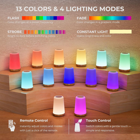Night Light LED Touch Bedside Lamp with Remote Control – 13 Colour Changing Rechargeable Table Lamp with 5 Brightness Levels, Timer & Hanging Hook for Bedroom, Living Room & Kids