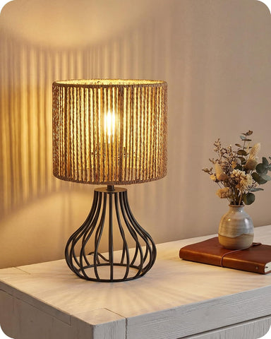 GOEBELSON Bedside Table Lamp – Black Metal Table Lamp with Hand-Woven Paper Rattan Shade, 4W 2700K LED Bulb Included, E27 Bedroom & Desk Lamp