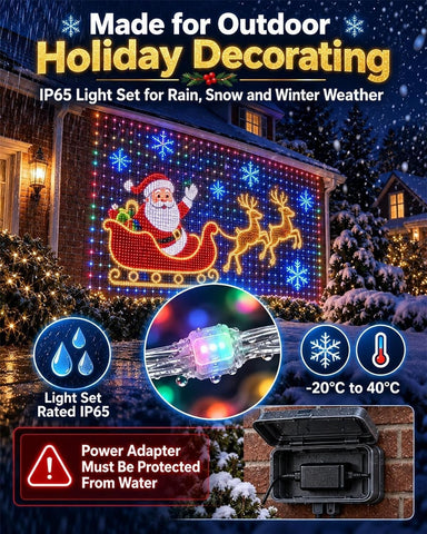 3m x 3m Smart RGB Christmas LED Curtain Lights – 400 LED Outdoor Wall & House Net Lights with App, Remote, Timer & Custom Patterns - Turn Your Home Into a Christmas Light Show