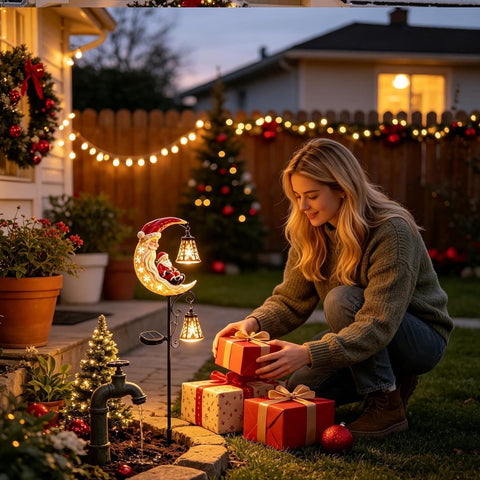 Solar Santa Claus Resin Christmas Moon LED Lights with Lantern