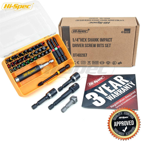 Hi-Spec 44Pc Impact Drill Driver Screw Bit Set S2 Steel Hex Torx PZ PH Nut Driver Kit – 1/4" Hex Shank Heavy Duty Screwdriver Bits In Compact Case